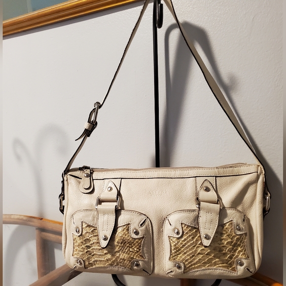 Barbara Milano Cream Snakeskin Print Trim Satchel Shoulder - Picture 9 of 12